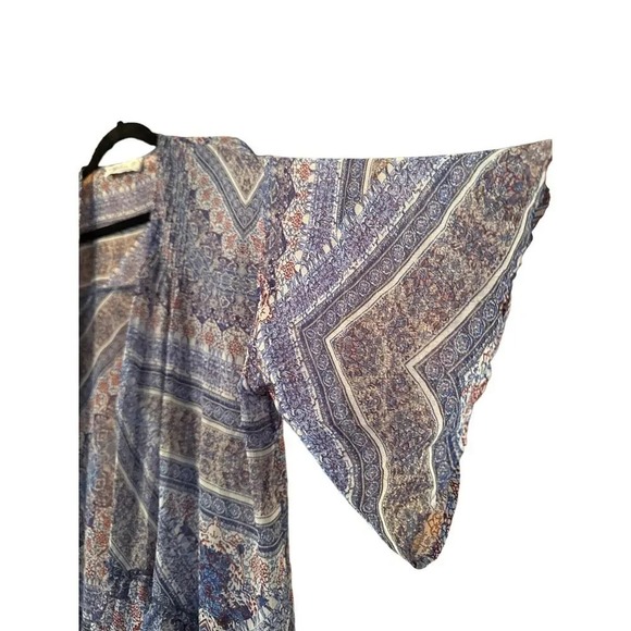 Boho Kimono Duster Ruffle Trim Open Front Blue Paisley Print Cover Up - Picture 5 of 8